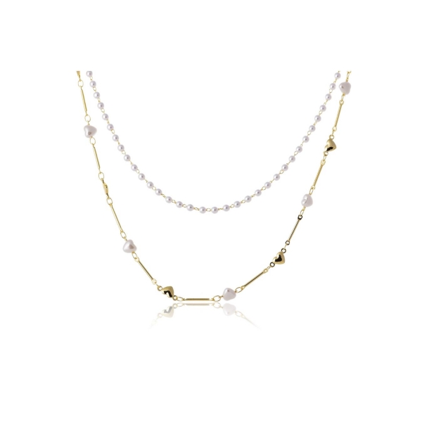 Colar Duplo com Corrente de Pérola e Mini Corações Dourados Banhado em Ouro 18k - Dourado