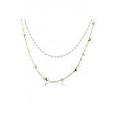 Colar Duplo com Corrente de Pérola e Mini Corações Dourados Banhado em Ouro 18k - Dourado