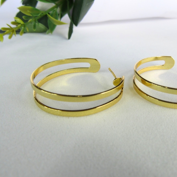 Brinco Argola Media Dupla Vazada Banhado em Ouro 18k - Dourado