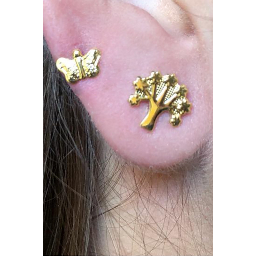 Brinco Duo de Árvore e Borboleta Banhado em Ouro 18k - Dourado