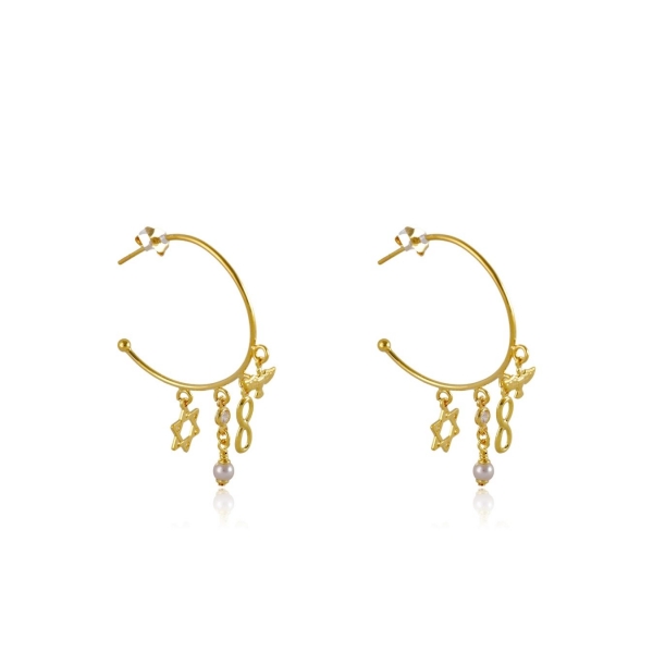 Brinco Argola Médio com Pingente Esotéricos Banhado em Ouro 18k - Dourado