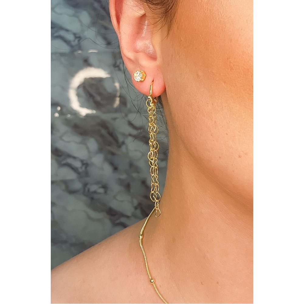 Brinco Argolinha com Corrente de Coração Banhado em Ouro 18k - Dourado