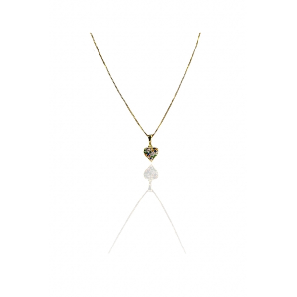 Colar Pingente Coração com Zircônia Multicolor Banhado em Ouro 18k - Dourado