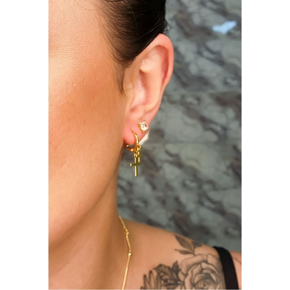 Brinco Argolinha Pequena Dupla Cruz Banhado em Ouro 18k - Dourado