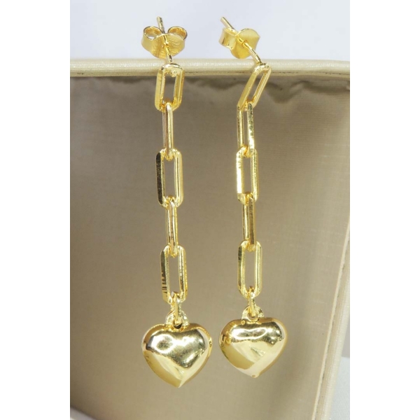 Brinco Corrente Elo com Coração na Ponta Banhado em Ouro 18k - Dourado