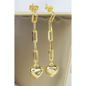 Brinco Corrente Elo com Coração na Ponta Banhado em Ouro 18k