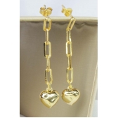 Brinco Corrente Elo com Coração na Ponta Banhado em Ouro 18k - Dourado