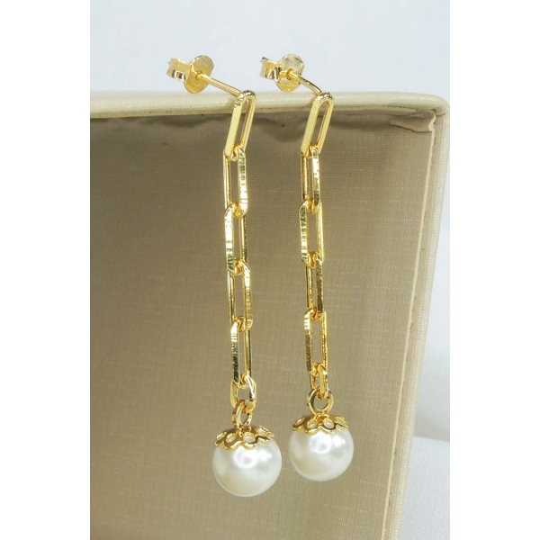 Brinco Corrente Com Pérola na Ponta Banhado em Ouro 18k - Dourado