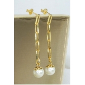 Brinco Corrente Com Pérola na Ponta Banhado em Ouro 18k - Dourado