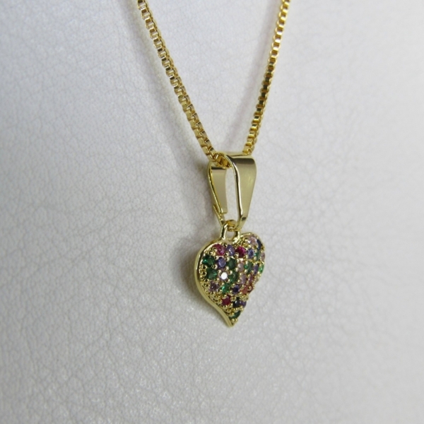 Colar Pingente Coração com Zircônia Multicolor Banhado em Ouro 18k - Dourado
