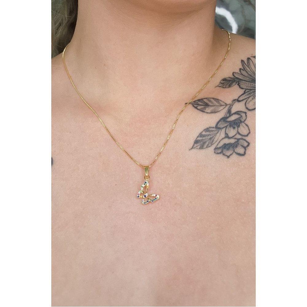 Colar Pingente Borboleta com Zircônia Colorida Banhado em Ouro 18k - Dourado