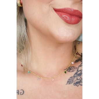 Colar Corrente Americana com Zircônias Multicolor Banhado em Ouro 18k