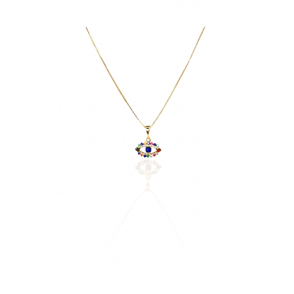 Colar Pingente Olho Grego com Zircônia Multicolor Banhado em Ouro 18k - Dourado