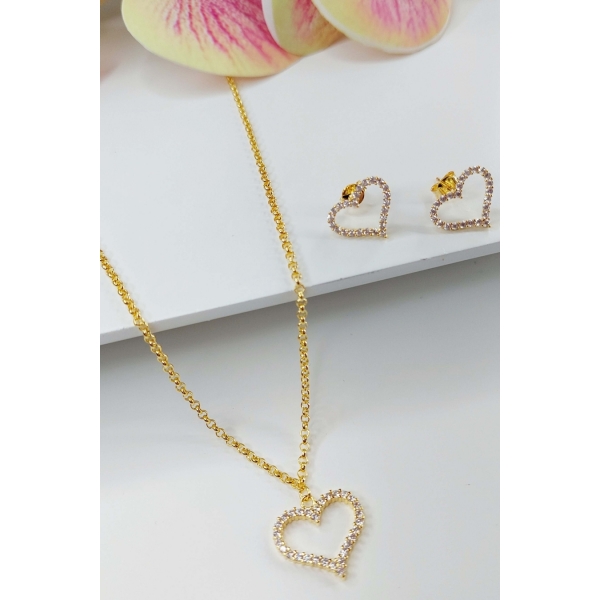 Conjunto de Coração com Zircônia e Corrente em Elos - Dourado