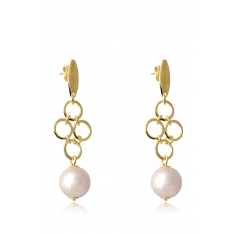 Brinco Grande de Fio com Circulo Dourado e Pérola Banhado em Ouro 18k