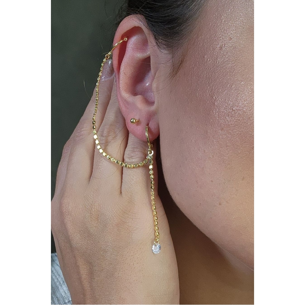 Brinco Argolinha Corrente com Ponto de Luz e Piercing Fake Banhado em Ouro 18k - Dourado