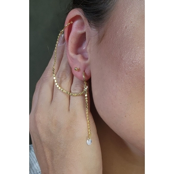 Brinco Argolinha Corrente com Ponto de Luz e Piercing Fake Banhado em Ouro 18k