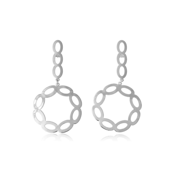 Brinco com fio e Círculo com Arcos Banhado em Ródio Branco - Branco