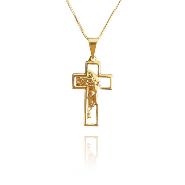 Colar com Pingente de Cruz e Face de Jesus Banhado em Ouro 18k - Dourado