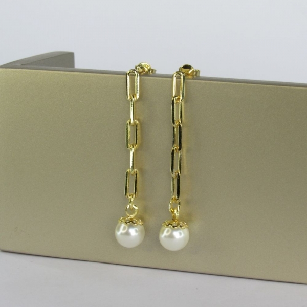 Brinco Corrente Com Pérola na Ponta Banhado em Ouro 18k - Dourado