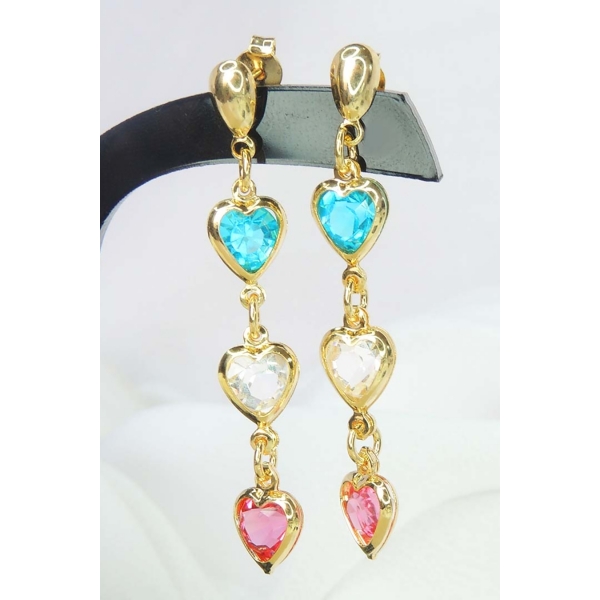 Brinco de Corações com Pedras Coloridas Banhado em Ouro 18k - Dourado